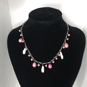 Sterling Silver Choker Necklace W Pink Dyed Freshwater Pearls, Stamped NF, .925